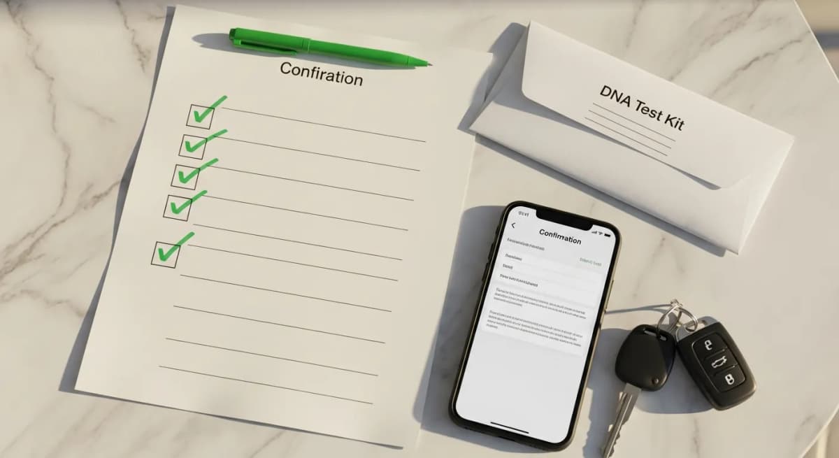 Übersichtliche Checkliste auf hochwertigem Papier mit abgehakten Punkten, daneben ein Smartphone mit Bestätigungsbildschirm, ein versiegelter DNA-Test-Umschlag und Autoschlüssel auf weißem Marmortisch