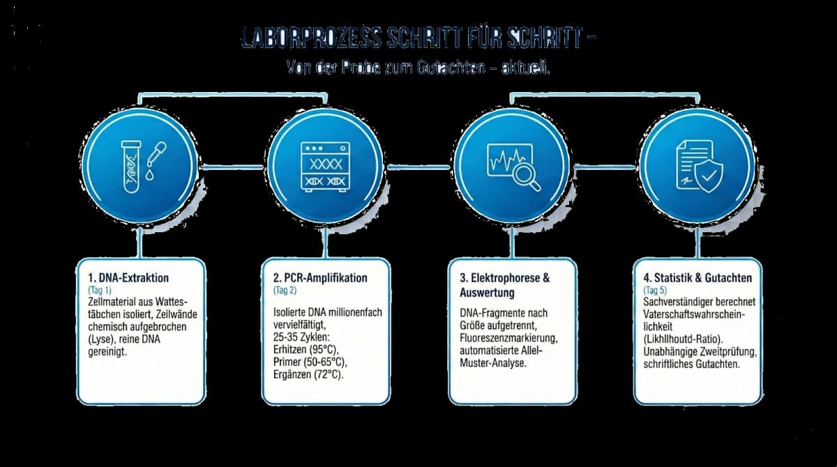 Infografik: Der Laborprozess eines Vaterschaftstests Schritt für Schritt, von der DNA-Extraktion über PCR-Amplifikation und Elektrophorese bis zum fertigen Gutachten