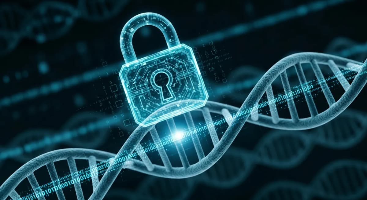 Digitales Vorhängeschloss-Hologramm schwebt über einer DNA-Doppelhelix-Struktur, umgeben von verschlüsselten Datenströmen in Blau- und Türkistönen