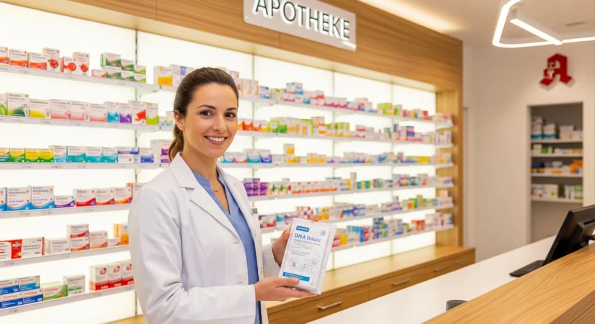 Freundliche Apothekerin in weißem Kittel hinter dem Tresen einer modernen deutschen Apotheke, hält ein versiegeltes DNA-Test-Kit in den Händen