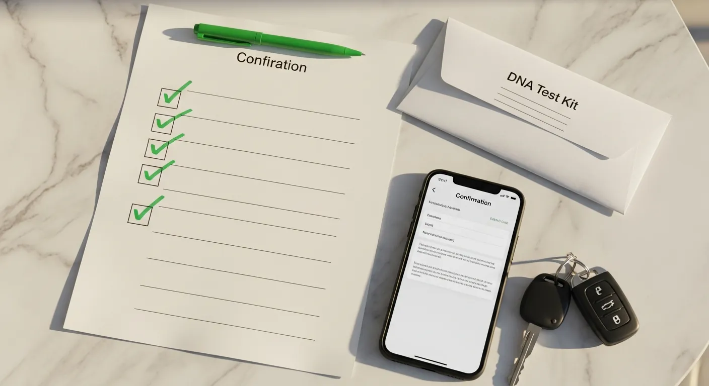 Übersichtliche Checkliste auf hochwertigem Papier mit abgehakten Punkten, daneben ein Smartphone mit Bestätigungsbildschirm, ein versiegelter DNA-Test-Umschlag und Autoschlüssel auf weißem Marmortisch
