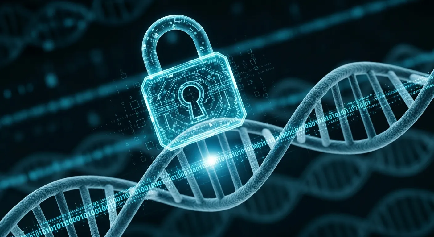 Digitales Vorhängeschloss-Hologramm schwebt über einer DNA-Doppelhelix-Struktur, umgeben von verschlüsselten Datenströmen in Blau- und Türkistönen