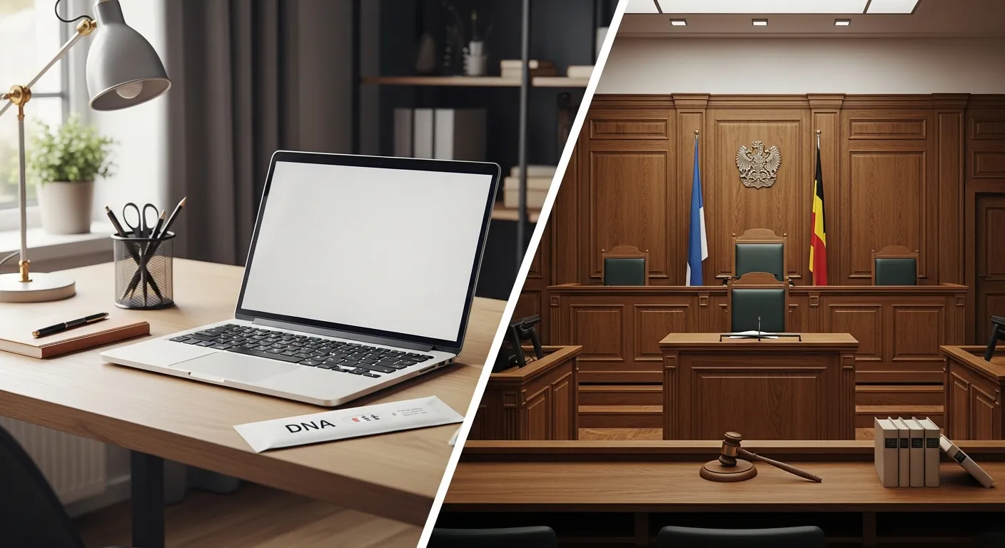 Geteilte Darstellung: Links ein privater Schreibtisch mit versiegeltem DNA-Testumschlag und Laptop, rechts ein formeller deutscher Gerichtssaal mit Holzvertäfelung und Richterbank