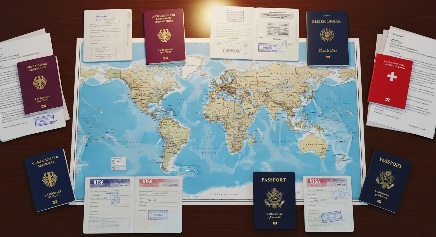 Vogelperspektive auf eine Weltkarte auf einem Schreibtisch, umgeben von internationalen Reisepässen verschiedener Länder und offiziellen Dokumenten mit Stempeln und Siegeln