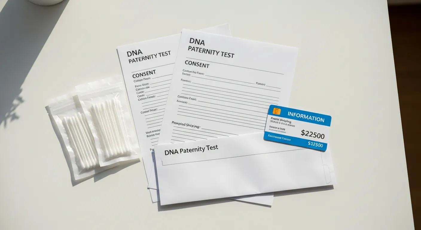 Ein DNA-Vaterschaftstest-Kit mit sterilen Wattestäbchen in versiegelter Verpackung, Einwilligungsformularen und frankiertem Rücksendeumschlag auf einem aufgeräumten Schreibtisch