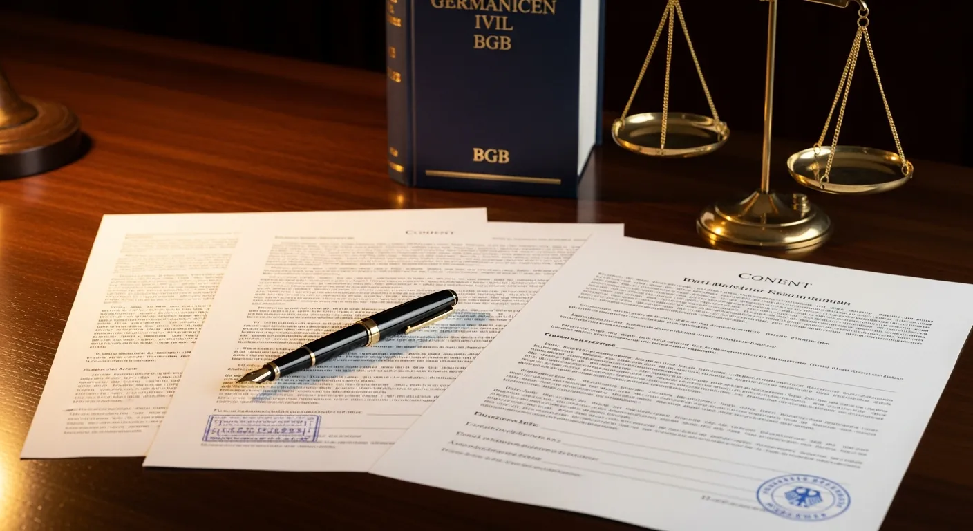 Offizielle Rechtsdokumente, Einwilligungsformulare und ein Füllfederhalter auf einem dunklen Holzschreibtisch, im Hintergrund ein Gesetzbuch und eine Waage der Justitia