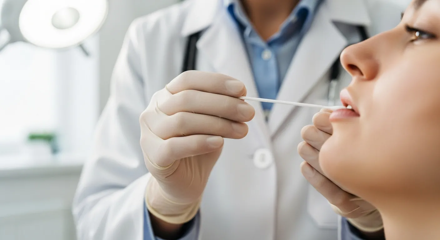 Medizinische Fachkraft in weißem Kittel entnimmt mit einem sterilen Wattestäbchen eine Speichelprobe aus der Mundschleimhaut eines Patienten